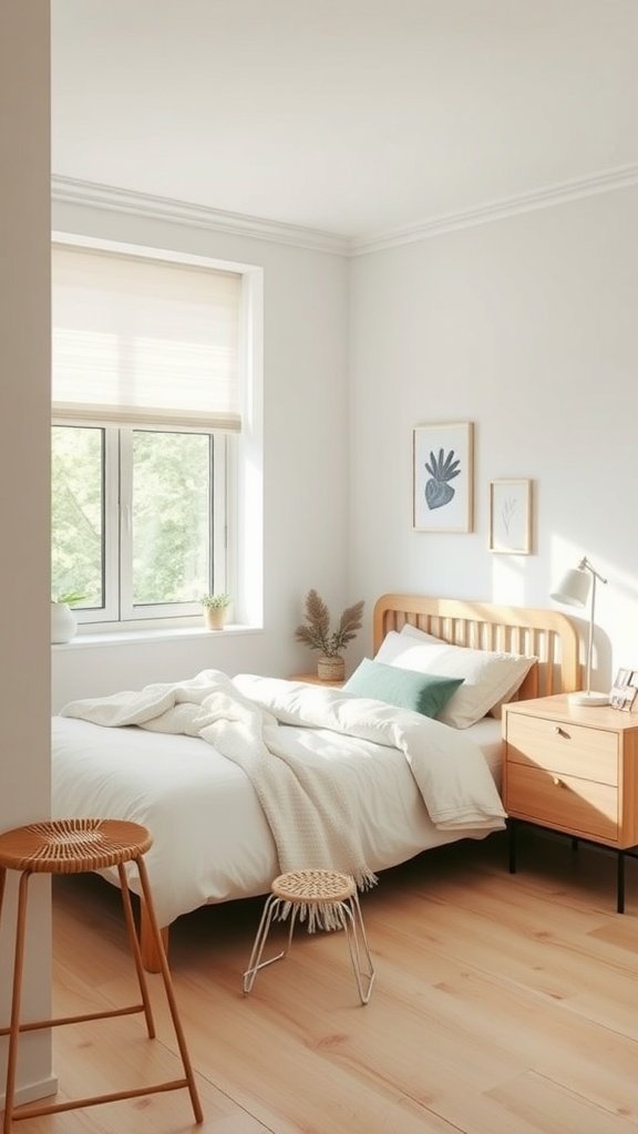 A beautifully designed bedroom featuring Scandinavian elements like light wood furniture, soft bedding, and natural light.