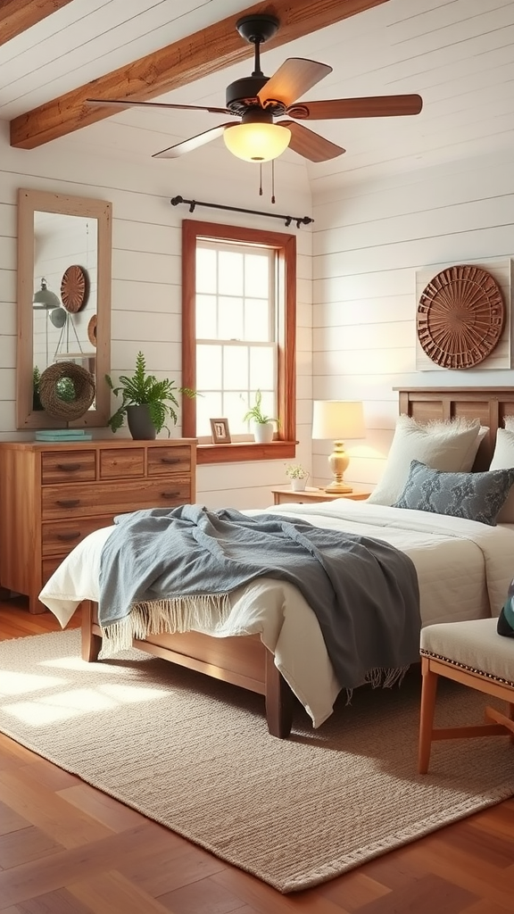 A cozy modern farmhouse bedroom with a wooden bed and soft bedding.
