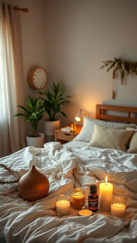 A cozy bedroom with candles, a diffuser, and plants, creating a relaxing atmosphere.