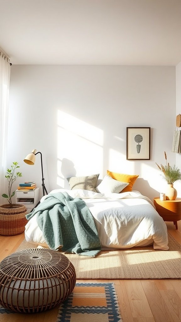 A cozy and earthy bedroom with natural materials, sunlight, and plants