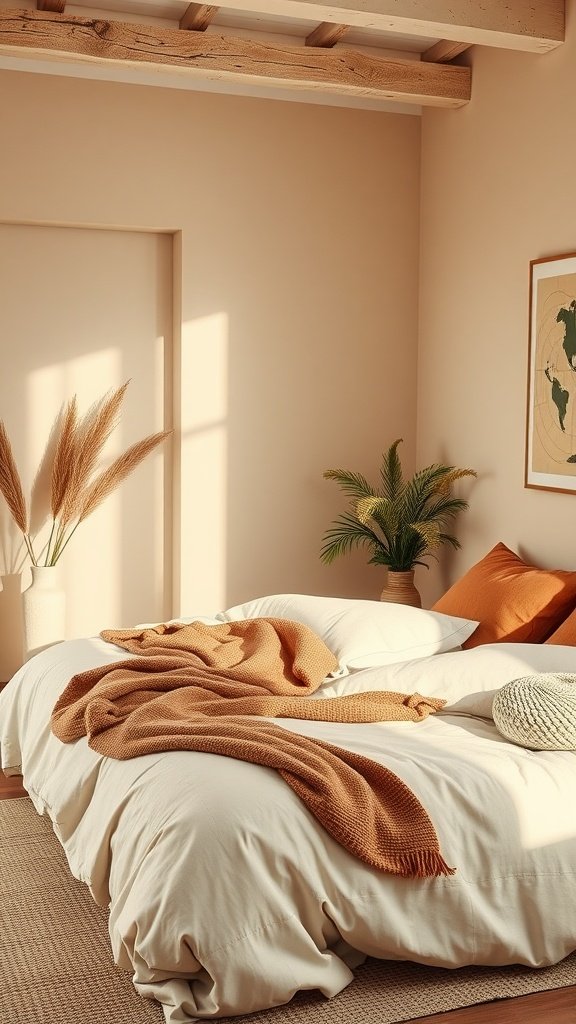 Cozy bedroom with warm earth tones, featuring beige walls, terracotta blanket, and natural decor.