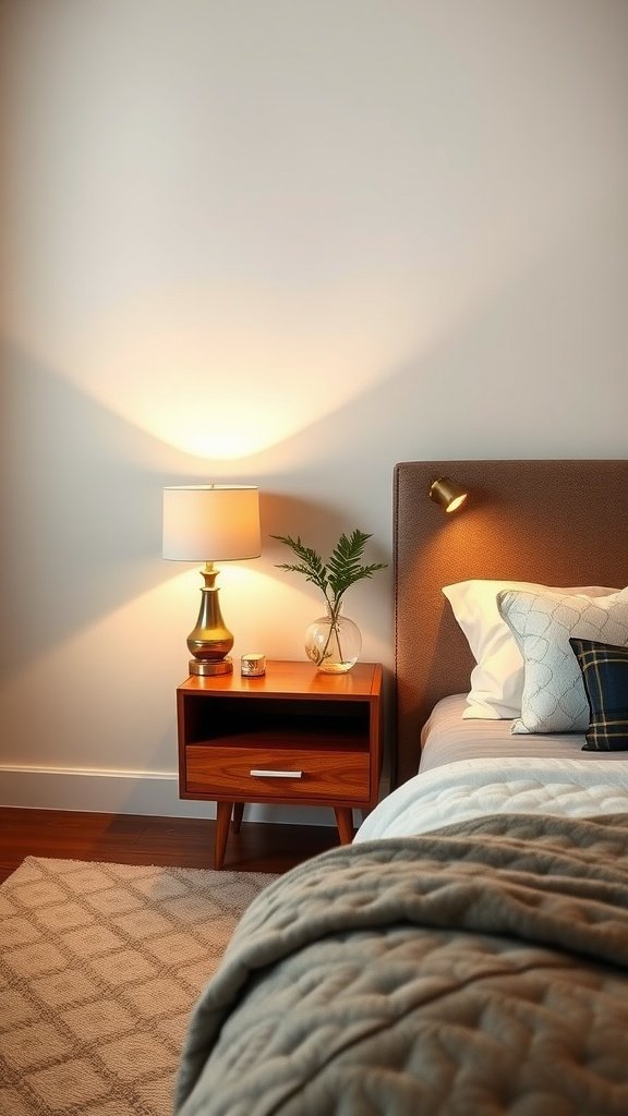 A cozy bedroom with a stylish nightstand featuring a lamp and a small plant.