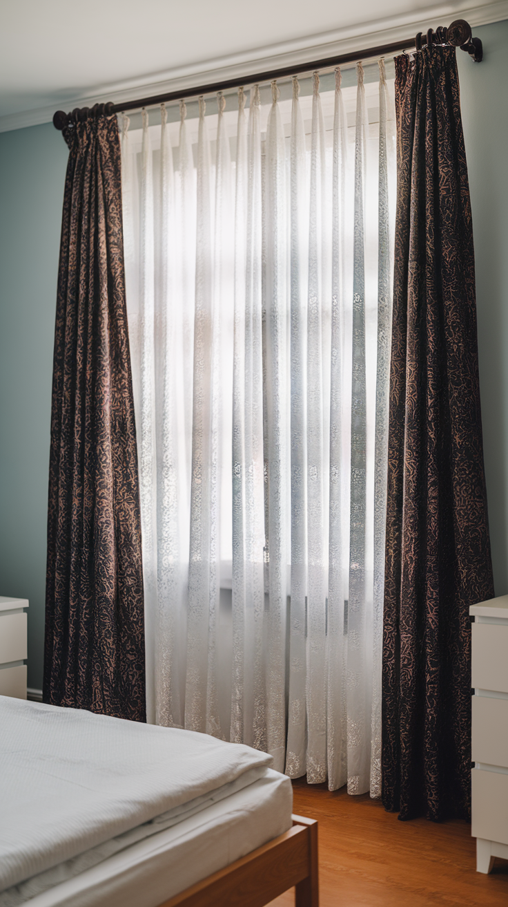 Couple discussing window treatments in a bright bedroom with plants and curtains.