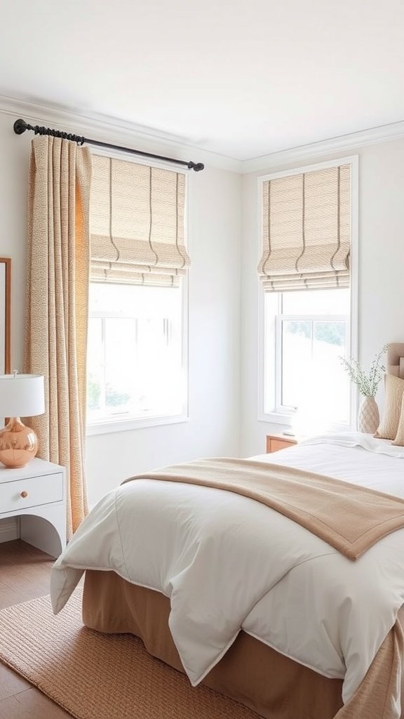 A bright bedroom featuring beige window treatments, a white bedspread, and a cozy rug.