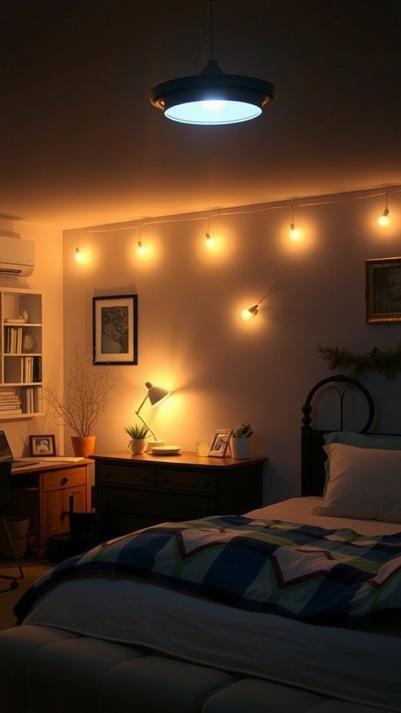 Cozy bedroom with layered lighting including a ceiling light and string lights