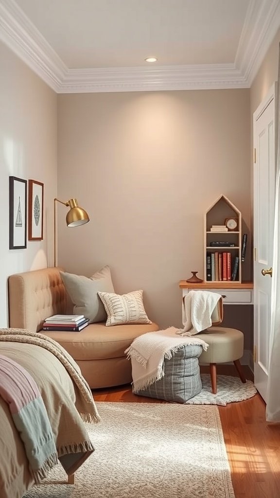 A cozy reading nook featuring a stylish chaise lounge, books, and warm decor.