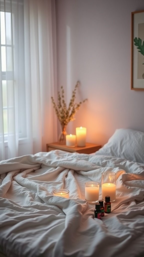 A cozy bedroom with candles and essential oils, creating a calming atmosphere.