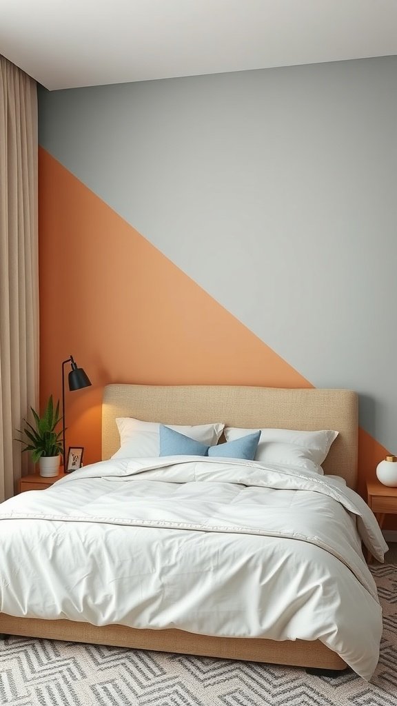 A stylish bedroom featuring a gray and orange accent wall, a cozy bed with white bedding, and a potted plant by the side.