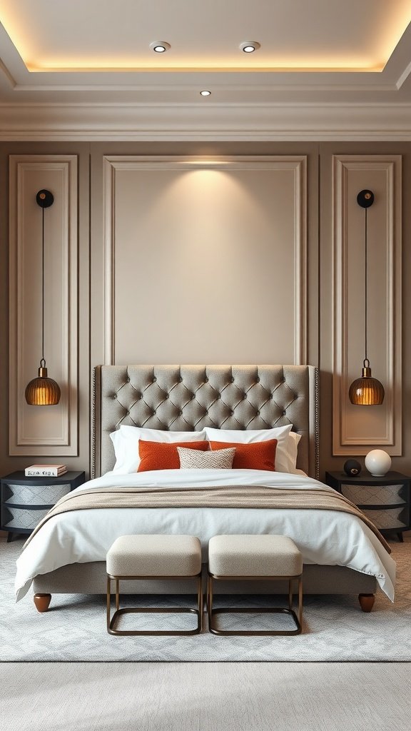 Stylish bedroom featuring a tufted headboard, cozy bedding, and modern decor.