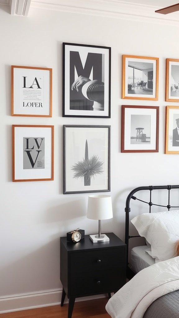 A stylish bedroom wall with a variety of framed wall art including typography and photographs.