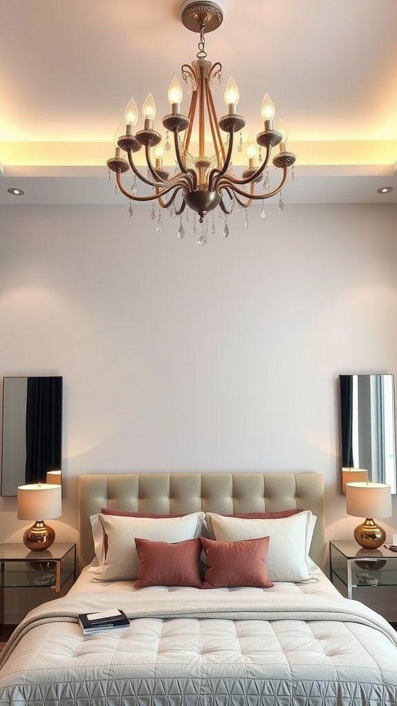 A beautiful chandelier hanging above a bed with stylish nightstands and decor.