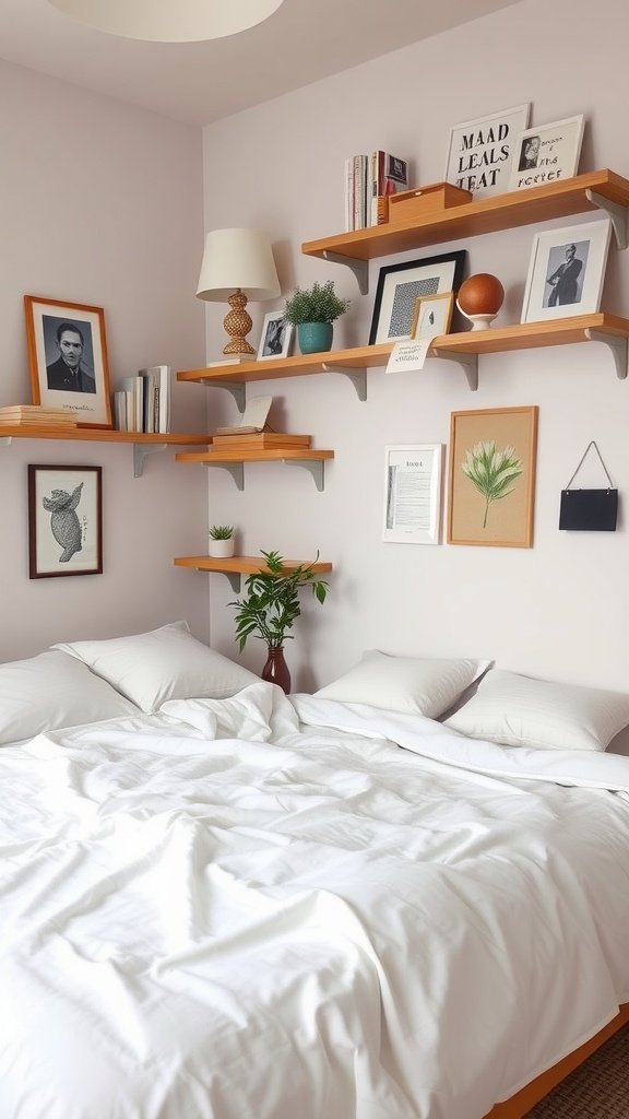 A cozy bedroom with a neatly made bed and shelves displaying books, plants, and framed art.