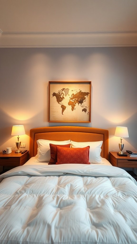 A modern luxurious bedroom featuring a cozy bed, elegant lamps, and a framed world map as wall decor.