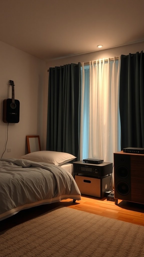 A cozy bedroom reading nook with a comfortable armchair, bookshelves, and soft lighting.