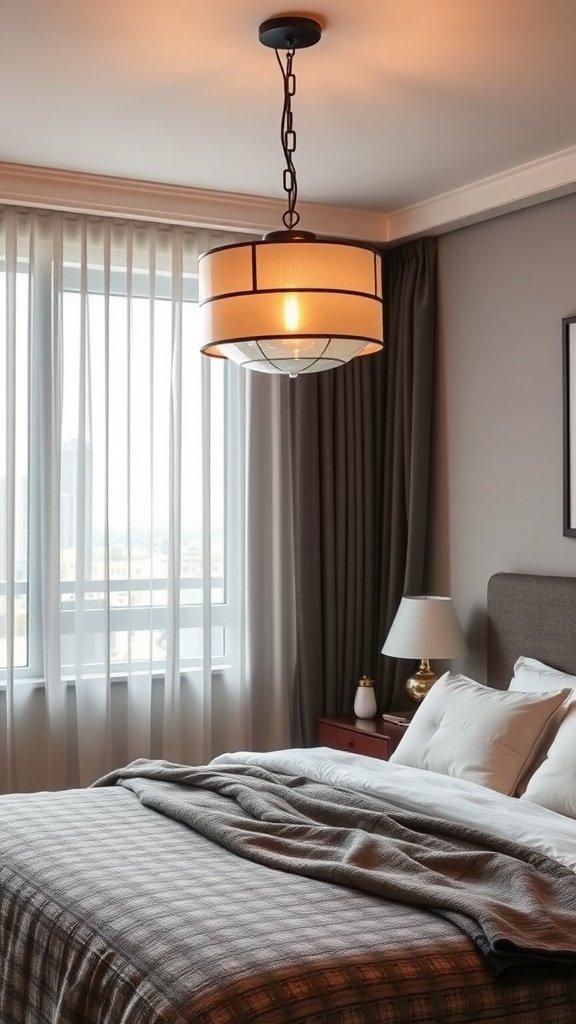 Stylish pendant light fixture hanging in a modern bedroom