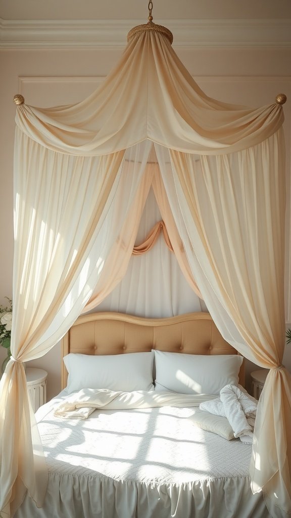 Cozy bedroom with a fabric canopy over the bed, creating a warm and inviting atmosphere.