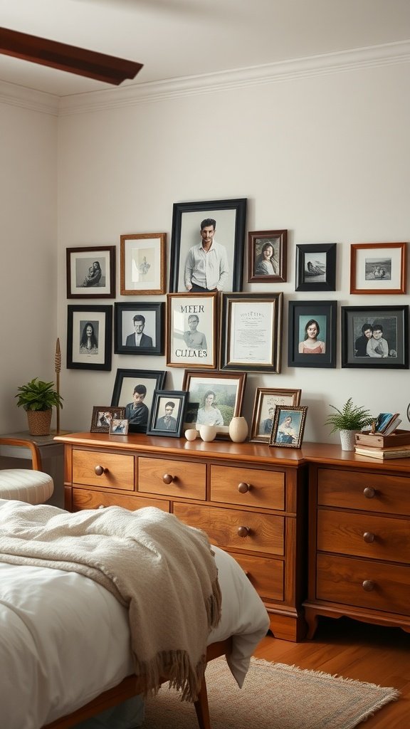 A cozy bedroom featuring a wall decorated with family photos in various frames and a wooden dresser with plants and decorative items.