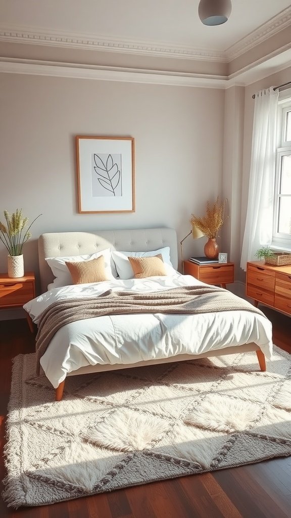 A cozy bedroom featuring a stylish area rug, neutral decor, and natural light.