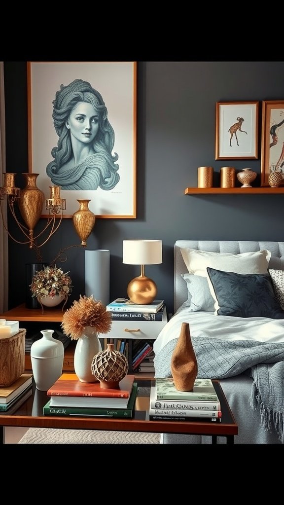 A stylish bedroom featuring unique accessories like artwork, decorative vases, and books.