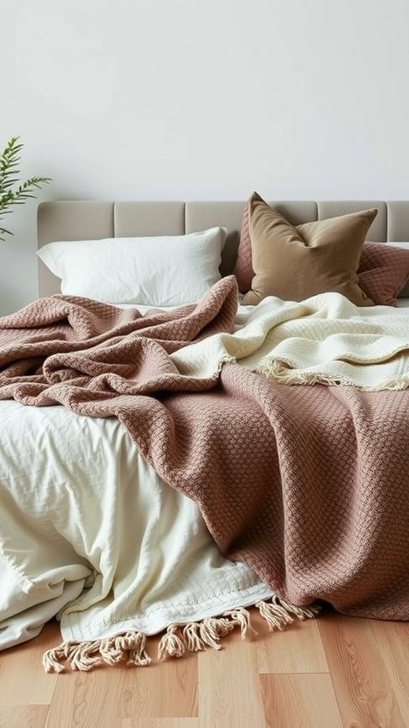 A cozy bedroom with a bed dressed in soft throws and pillows, featuring a plant nearby.