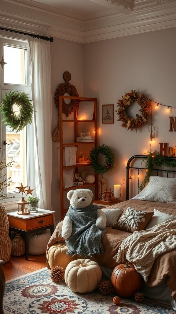 Cozy bedroom with seasonal decor, featuring wreaths, pumpkins, and warm lighting.