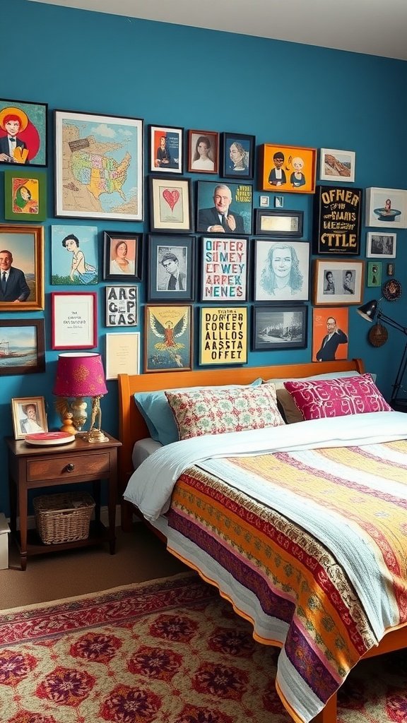 A colorful gallery wall above a bed with various framed artworks and photographs.