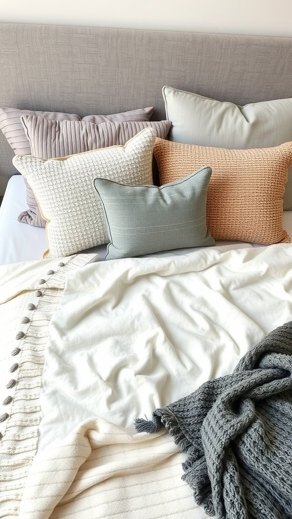 Textured bedding with various pillows and blankets in soft colors