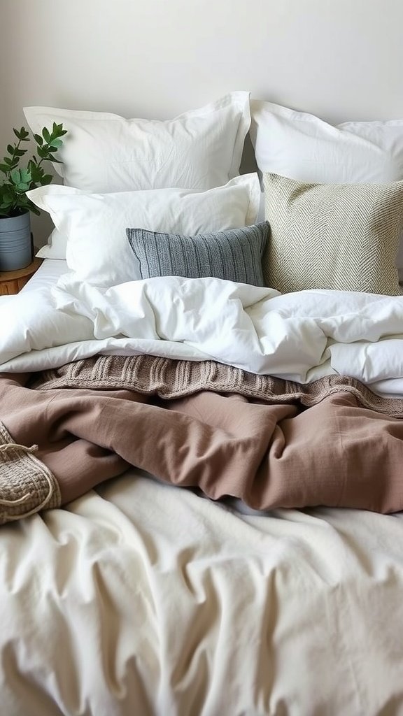 A beautifully arranged bed with soft pillows and cozy blankets.