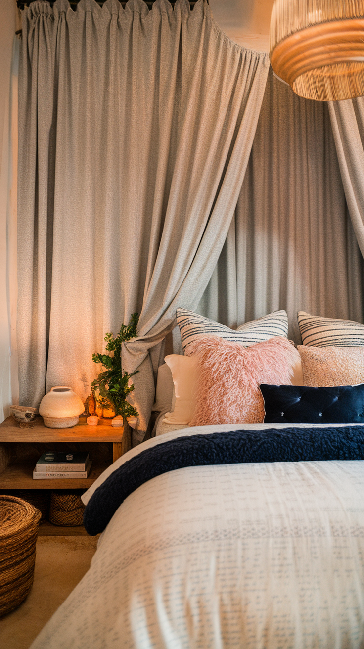 A cozy and inviting bedroom with a striped bedspread, patterned curtains, and a vibrant rug, showcasing different textures.