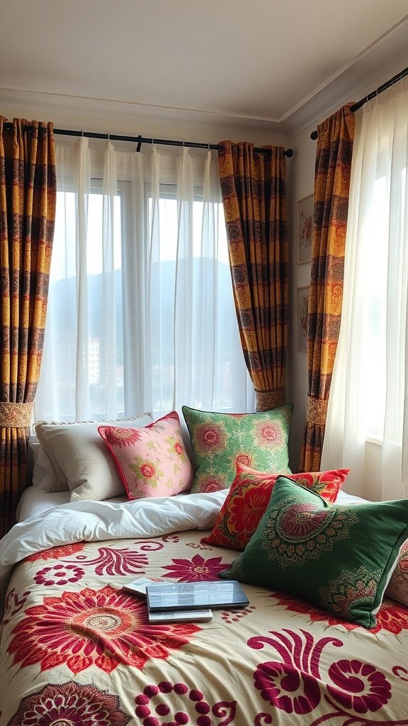 A cozy bedroom with colorful pillows, patterned bedspread, and curtains, creating a vibrant atmosphere.