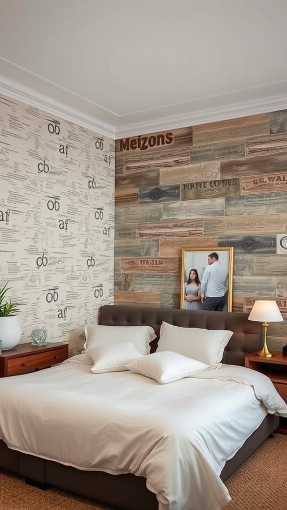 A stylish bedroom featuring textured wall treatments with wood and patterned designs.