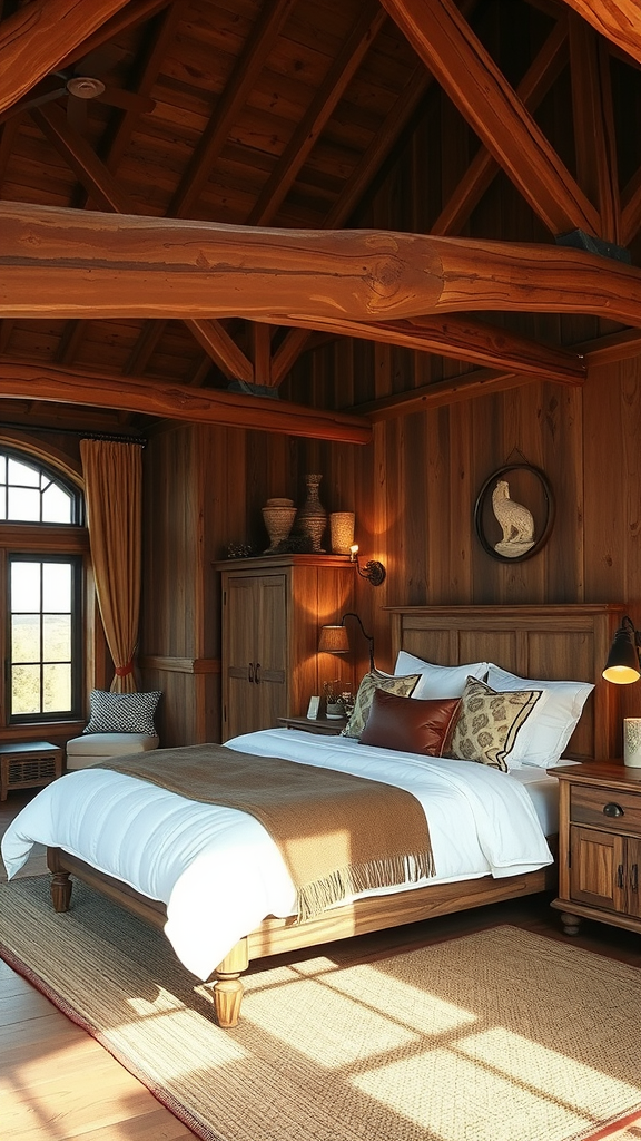 A cozy bedroom featuring wooden accents, a fan, and soft bedding.