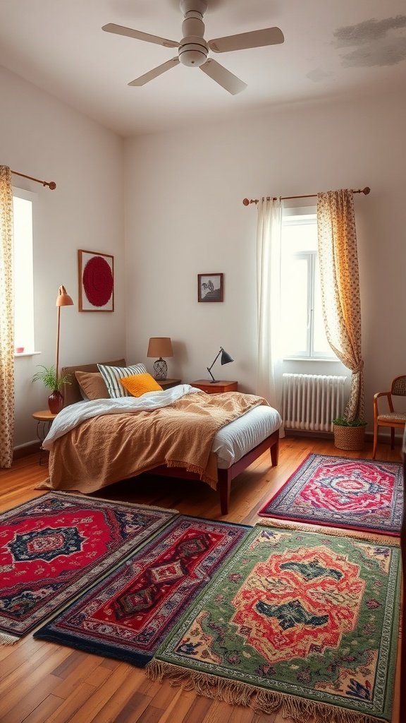 A cozy bedroom with colorful area rugs, featuring a bed with warm linens and natural light.