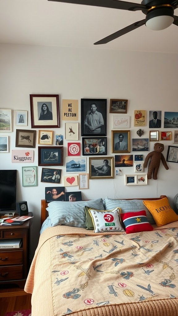 A bedroom featuring a wall of personal mementos and a cozy bed setup.
