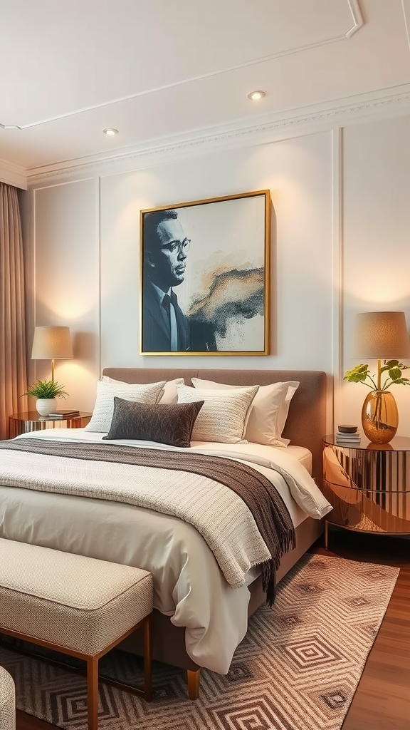 A chic bedroom featuring a bold graphic artwork above the bed, with cozy bedding and modern lighting.