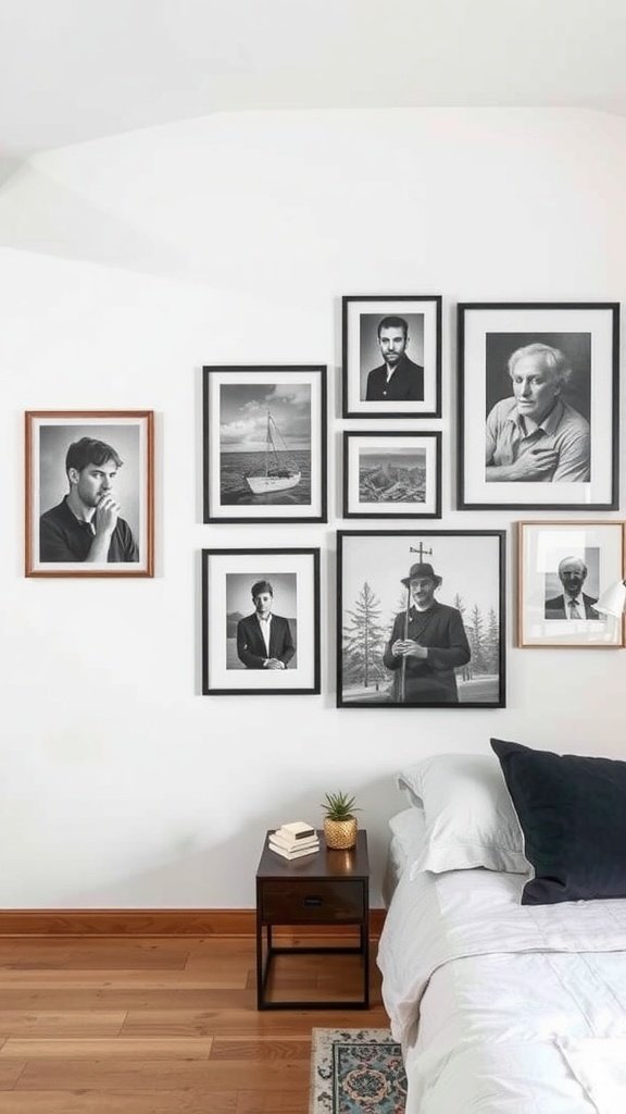 A gallery wall with black-and-white framed portraits and scenic prints, complemented by a simple bedside table.