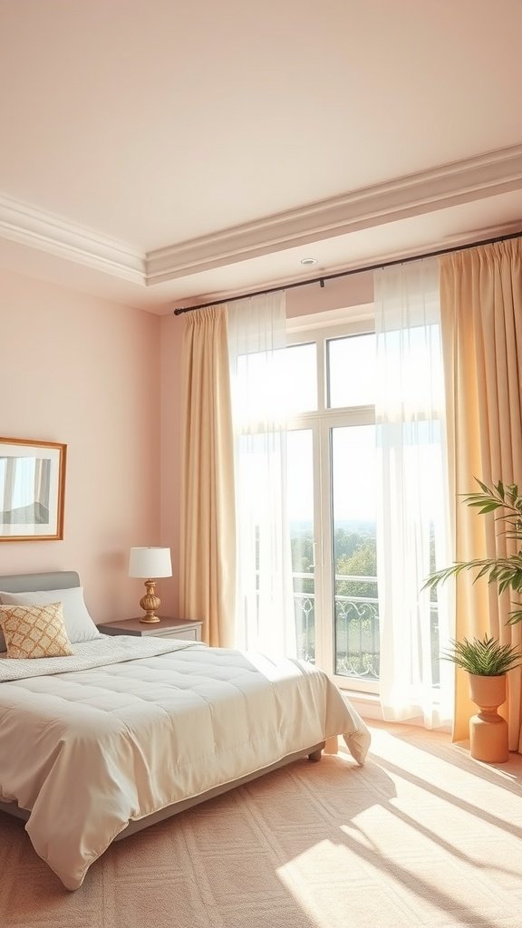 A bright and airy bedroom with soft colors and large windows.