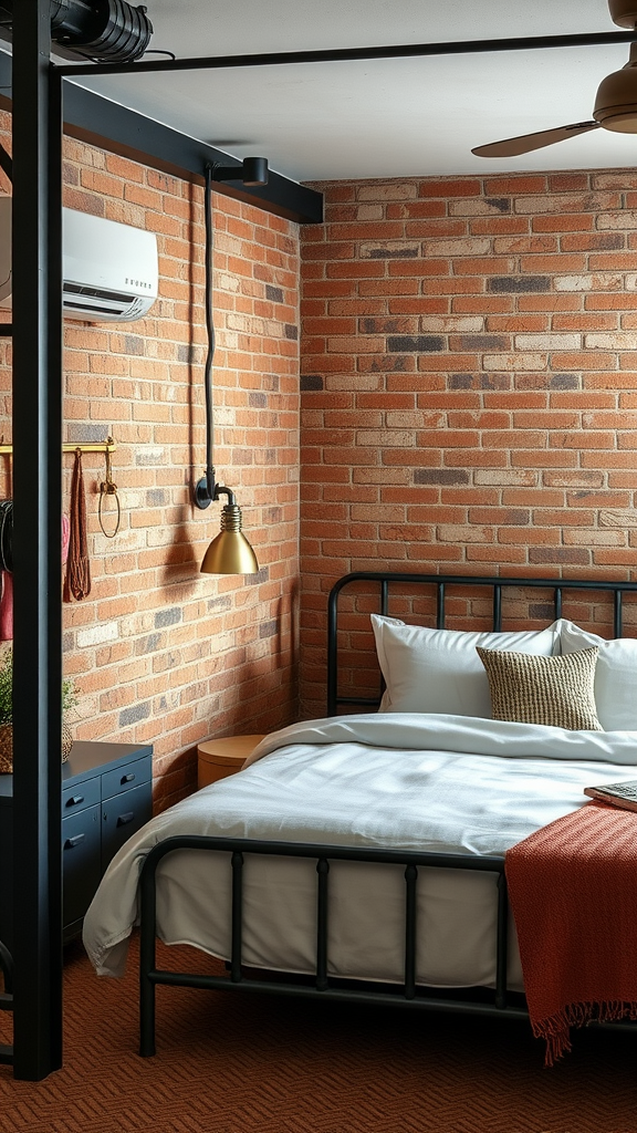 Industrial style bedroom featuring a metal bed frame against a brick wall.