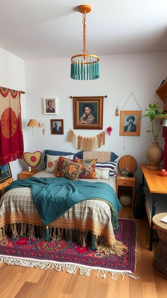 A cozy bohemian bedroom with vibrant colors and eclectic decor.