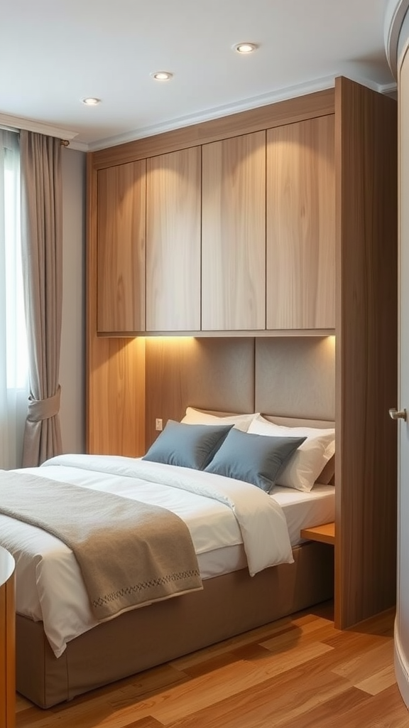 Modern Murphy bed in a small bedroom with built-in cabinetry