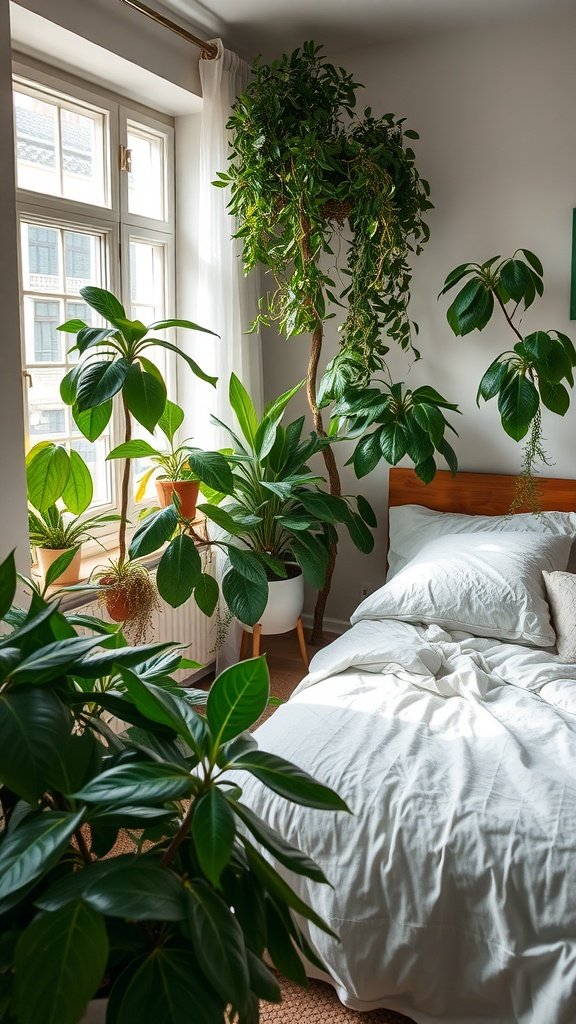 A bright bedroom with various indoor plants near a bed and window