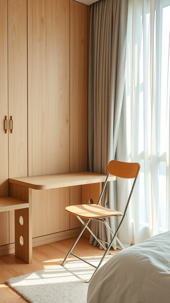 A simple folding chair in a small, modern bedroom setting