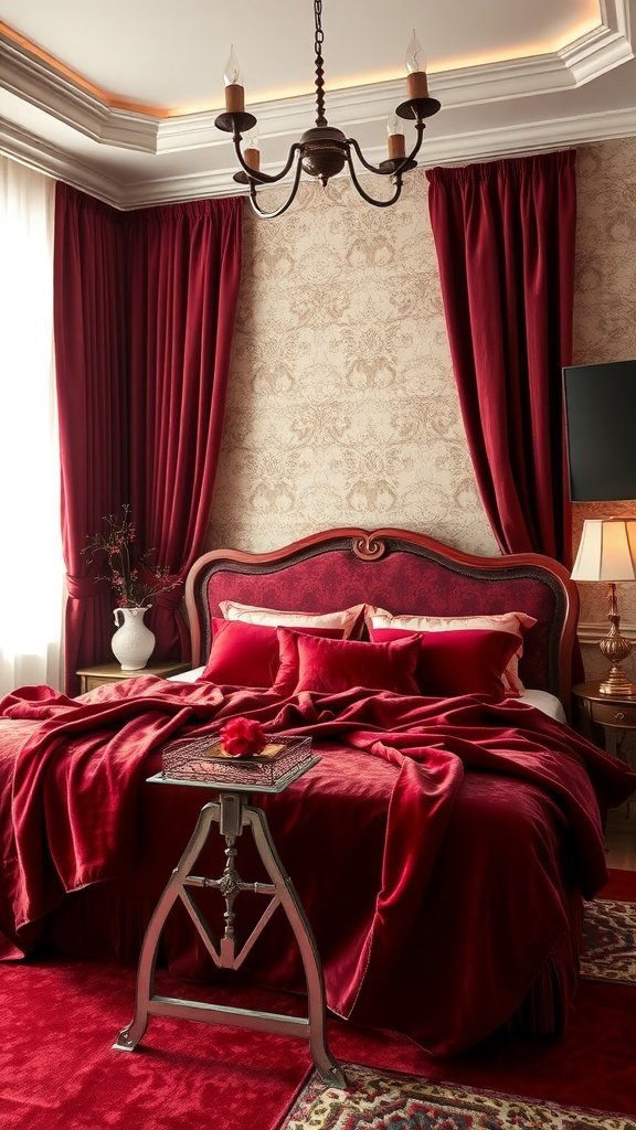 Luxurious bedroom featuring deep red textiles and elegant decor.