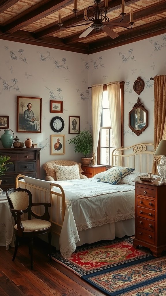 A cozy vintage bedroom featuring a bed with white linens, antique furniture, vintage wall art, and warm lighting.