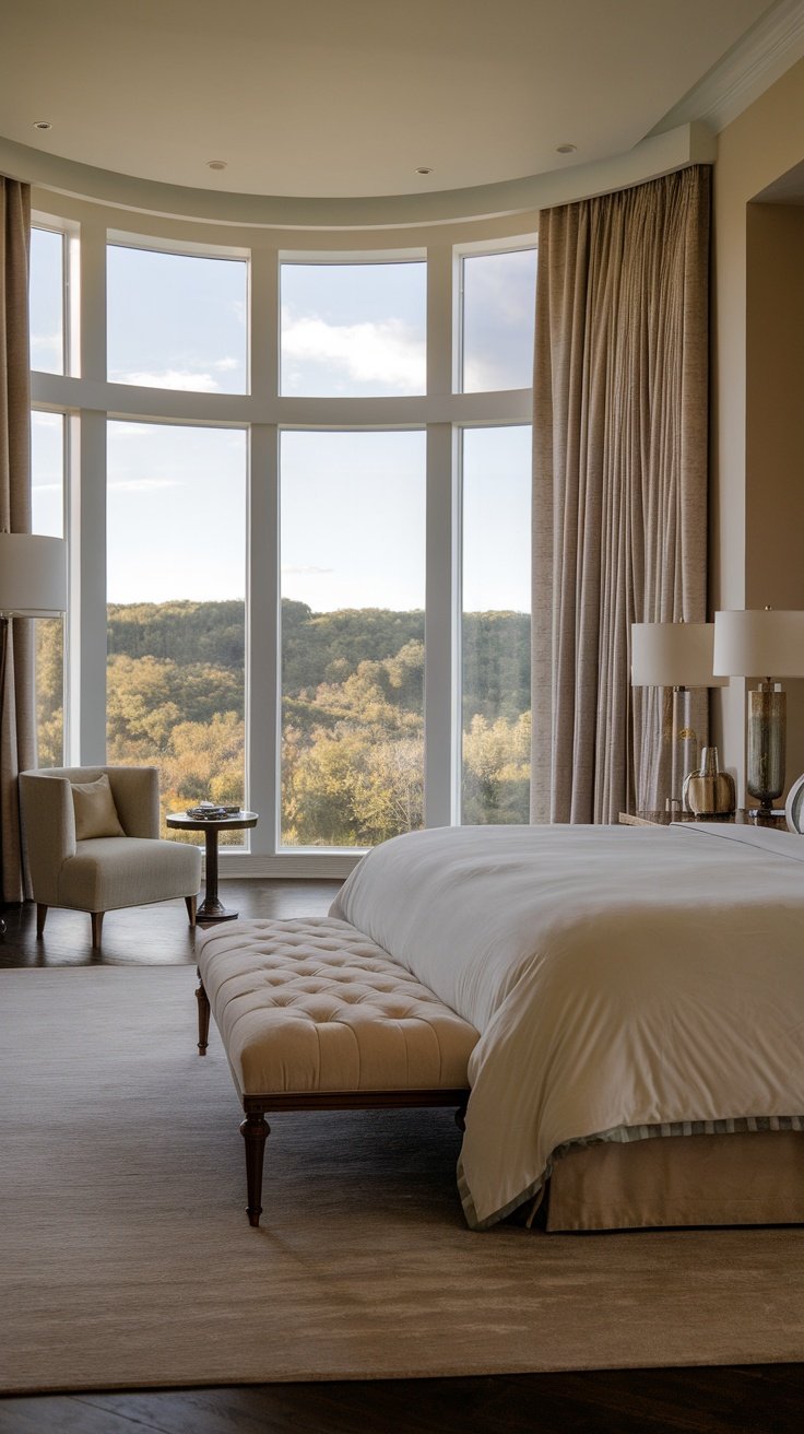 Modern luxury bedroom with large windows offering breathtaking views