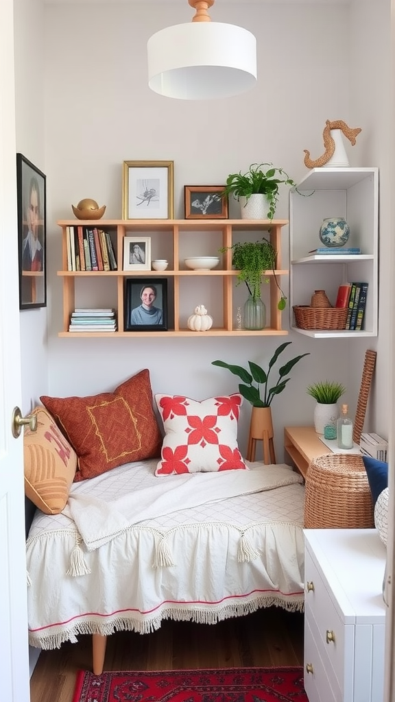 A compact and cozy small bedroom with a neatly made bed, wall art, and stylish accessories.