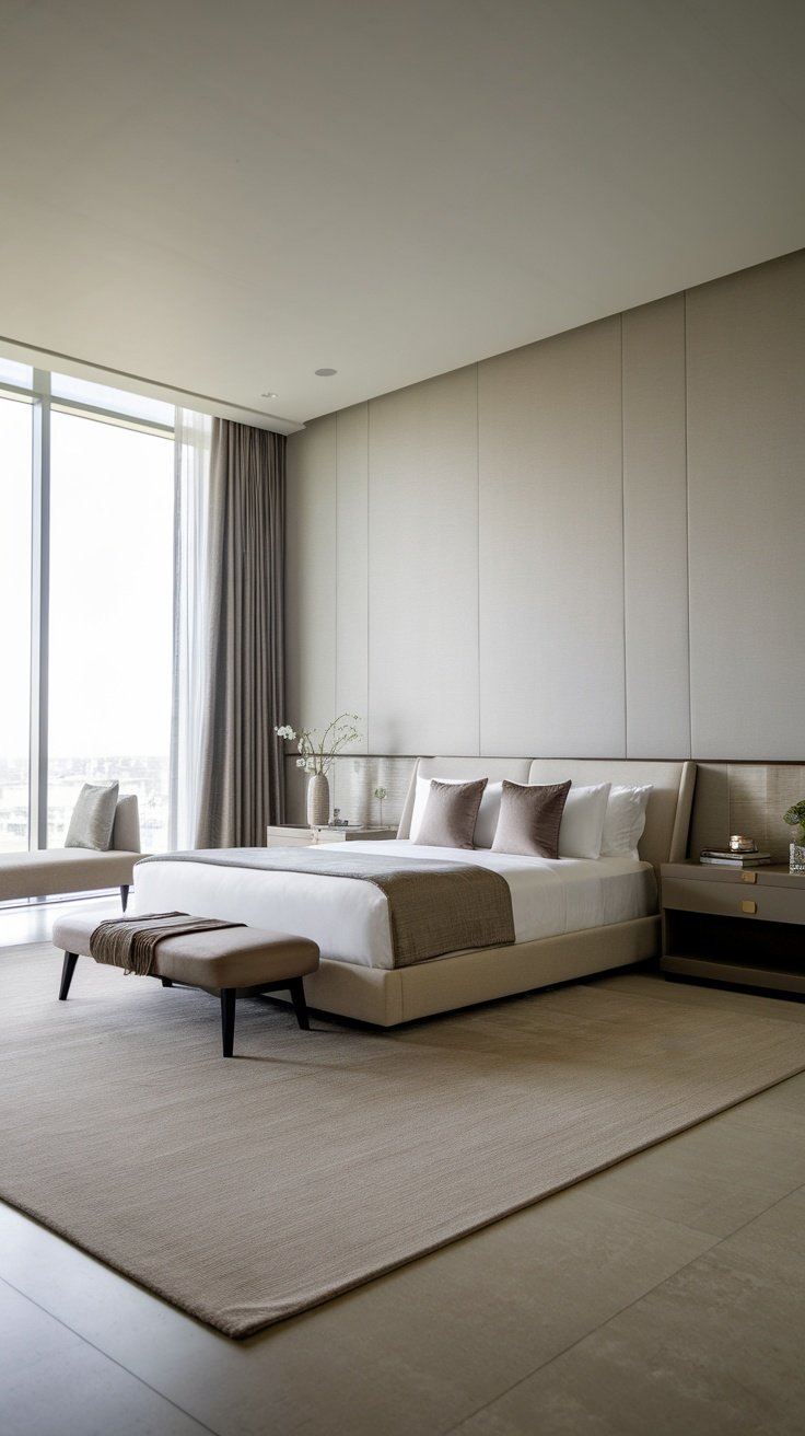 A modern luxury bedroom featuring minimalist design elements, neutral colors, and a wallpaper clock.