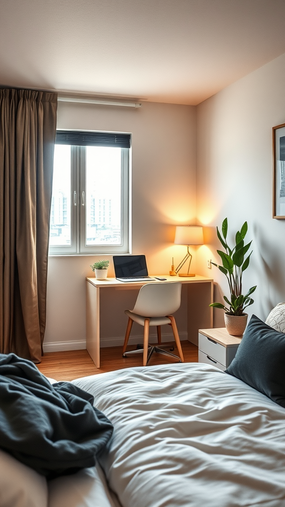 Compact desk area in a small bedroom with a wooden desk and chair, plant, and laptop.