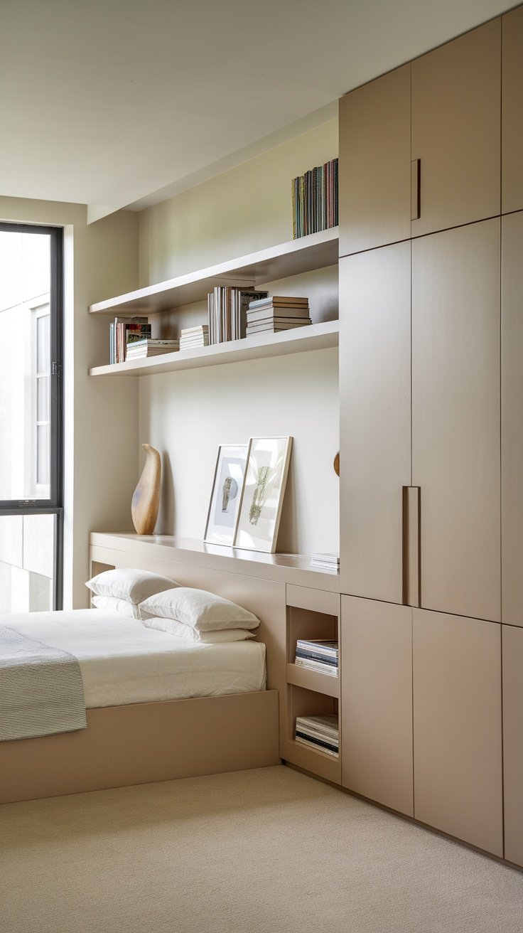 A modern bedroom showcasing innovative storage solutions with built-in shelves and cabinets.