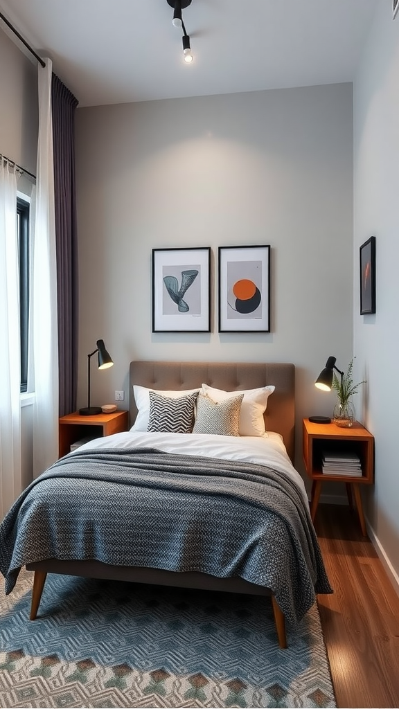A cozy small bedroom featuring a floating nightstand, soft bedding, and natural light.